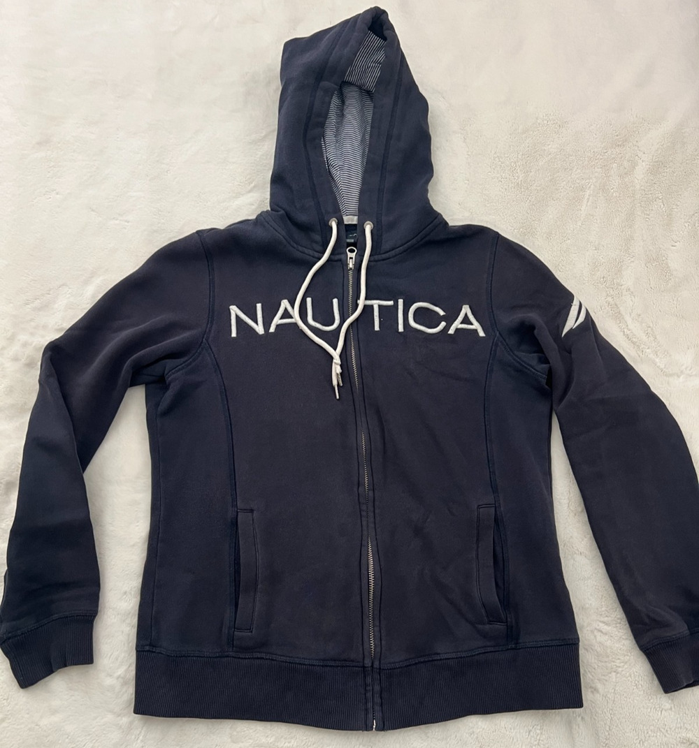 Nautica Women’s Full Zip Hoodie Sweatshirt Navy Blue Embroidered Logo Size S
